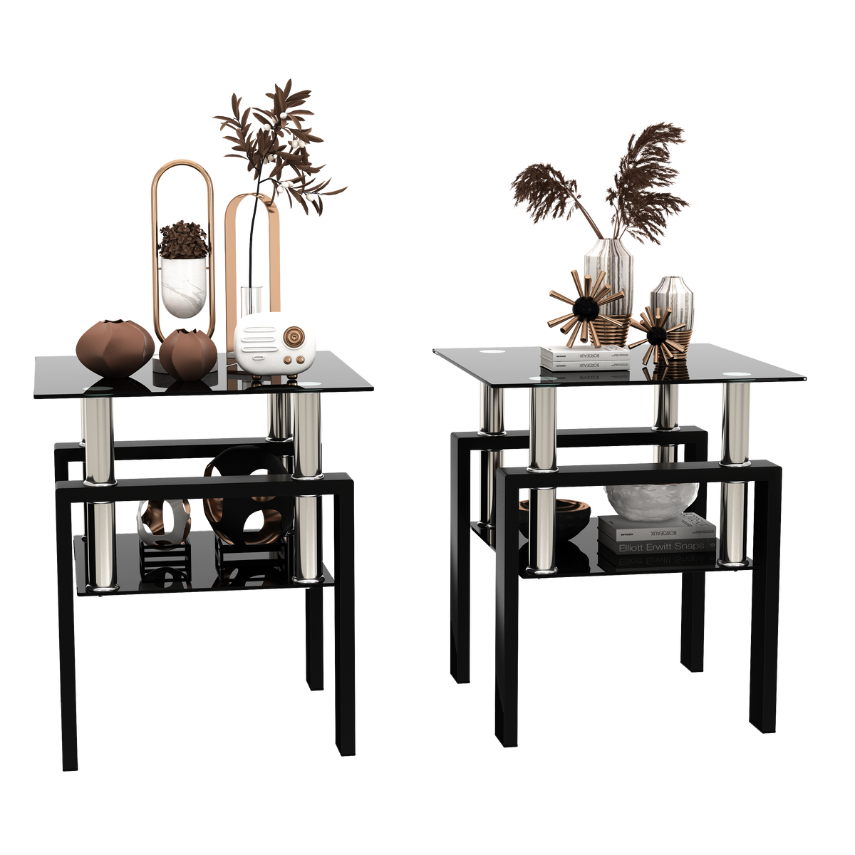Set of 2, Modern Tempered Glass Tea Table Coffee Table End Table, Square Table for Living Room, Black - American Smart