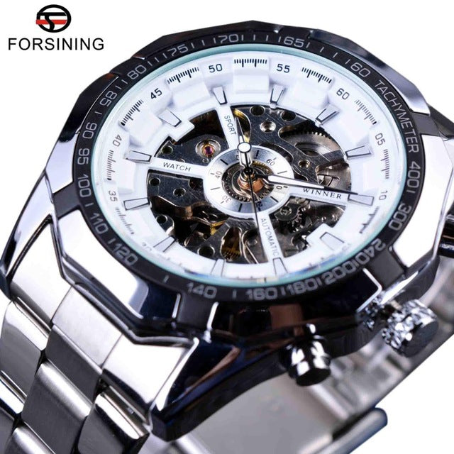 Silver stainless steel waterproof men's skeleton wrist watch by eprolo with transparent mechanical dial and luxury design.