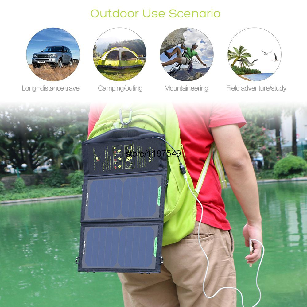 eprolo 10W 5V portable solar panel charger for phones, ideal for hiking and outdoor use, with compact design and durable surface.