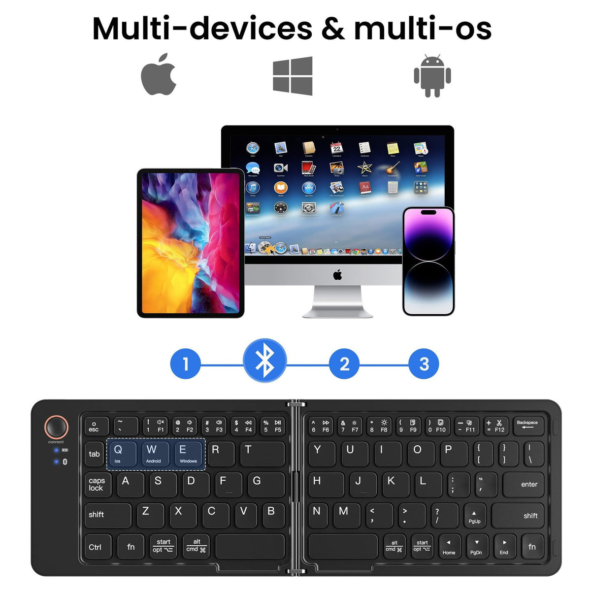 Ultra slim portable folding Bluetooth keyboard by eprolo, showing compact design and dual-mode connectivity in a close-up image.