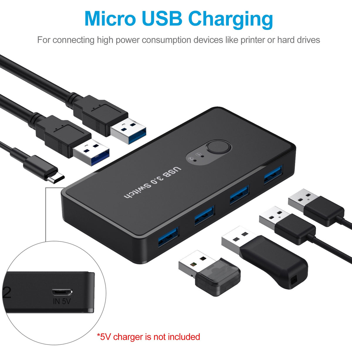 eprolo USB 3.0 4-port switch adapter with multiple USB peripheral ports and compact black design on a plain background