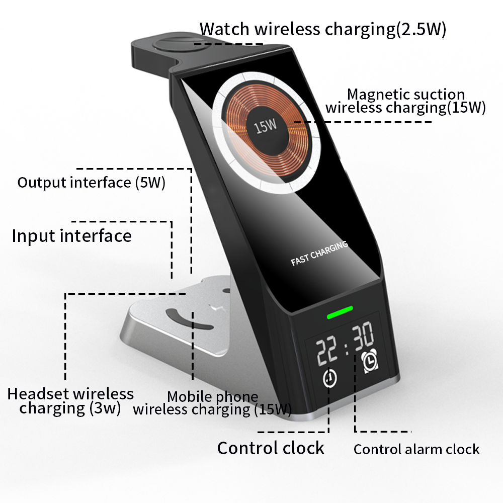 eprolo 6-in-1 wireless charger with clock, alarm, magnetic suction for Apple iPhone 14, headset, watch, and fast charging features