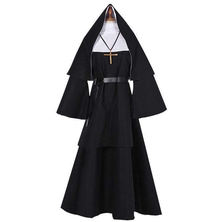 Eprolo Halloween Nun Ghost Sister cosplay costume featuring a black horror nun outfit with a priest-inspired design and ghostly details.