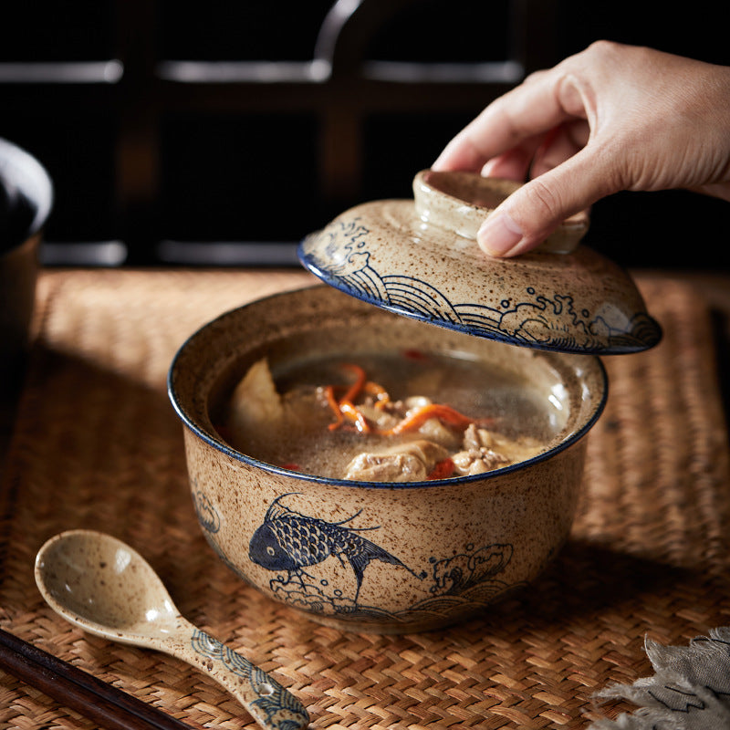 Eprolo 6.5-inch ceramic instant noodles bowl with cover, underglaze color bento box for Lamian noodles and tableware.