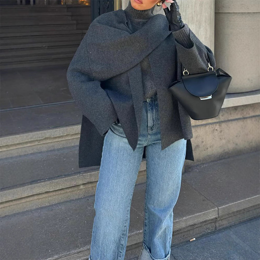 Gray asymmetric shawl scarf knitted sweater with long sleeves, stylish eprolo cardigan for cozy winter wear.