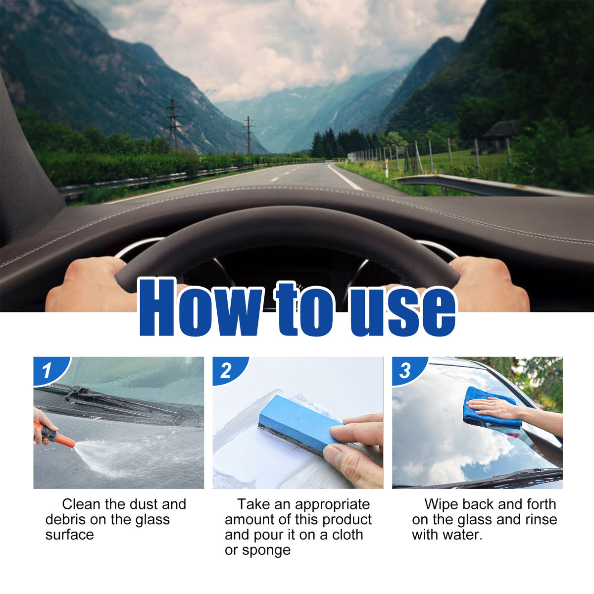 Eprolo 2-in-1 car oil film cleaner for front windshield, removing stains and oil film for clearer visibility.