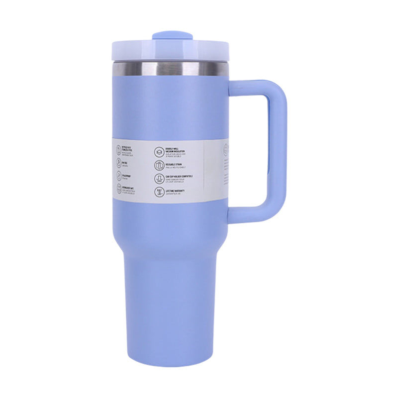Eprolo 40 oz stainless steel insulated tumbler with straw, handle, and lid for hot or cold drinks, fits car cup holders.