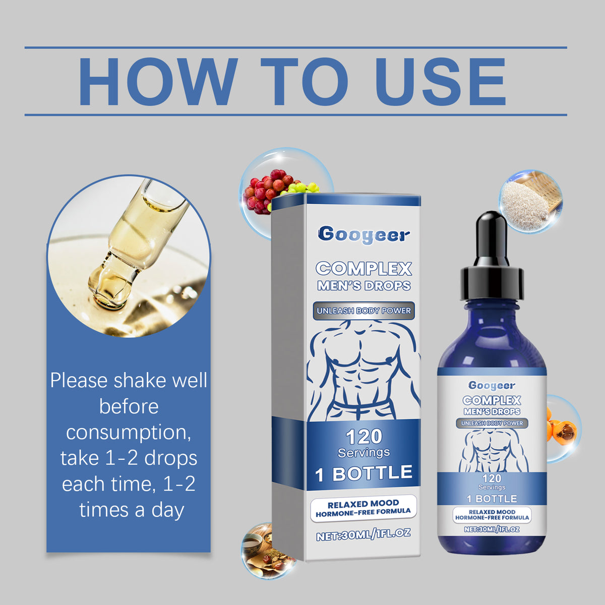 eprolo Googeer Body Care Drops for men, supplement drops for men's body health and wellness, natural supplement product.