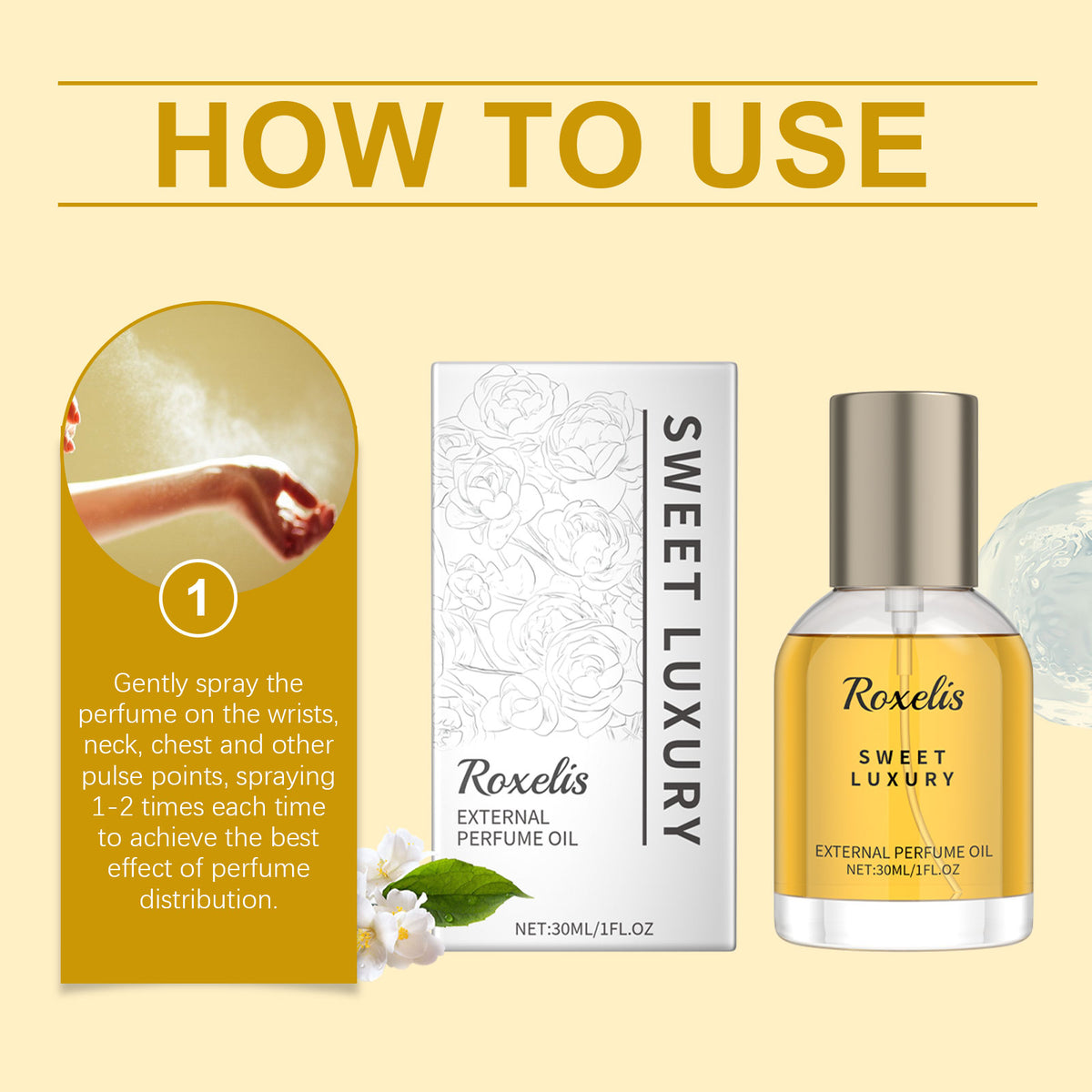 Eprolo Roxelis Saffron Jasmine perfume spray featuring a natural, fresh jasmine fragrance in a sleek bottle.