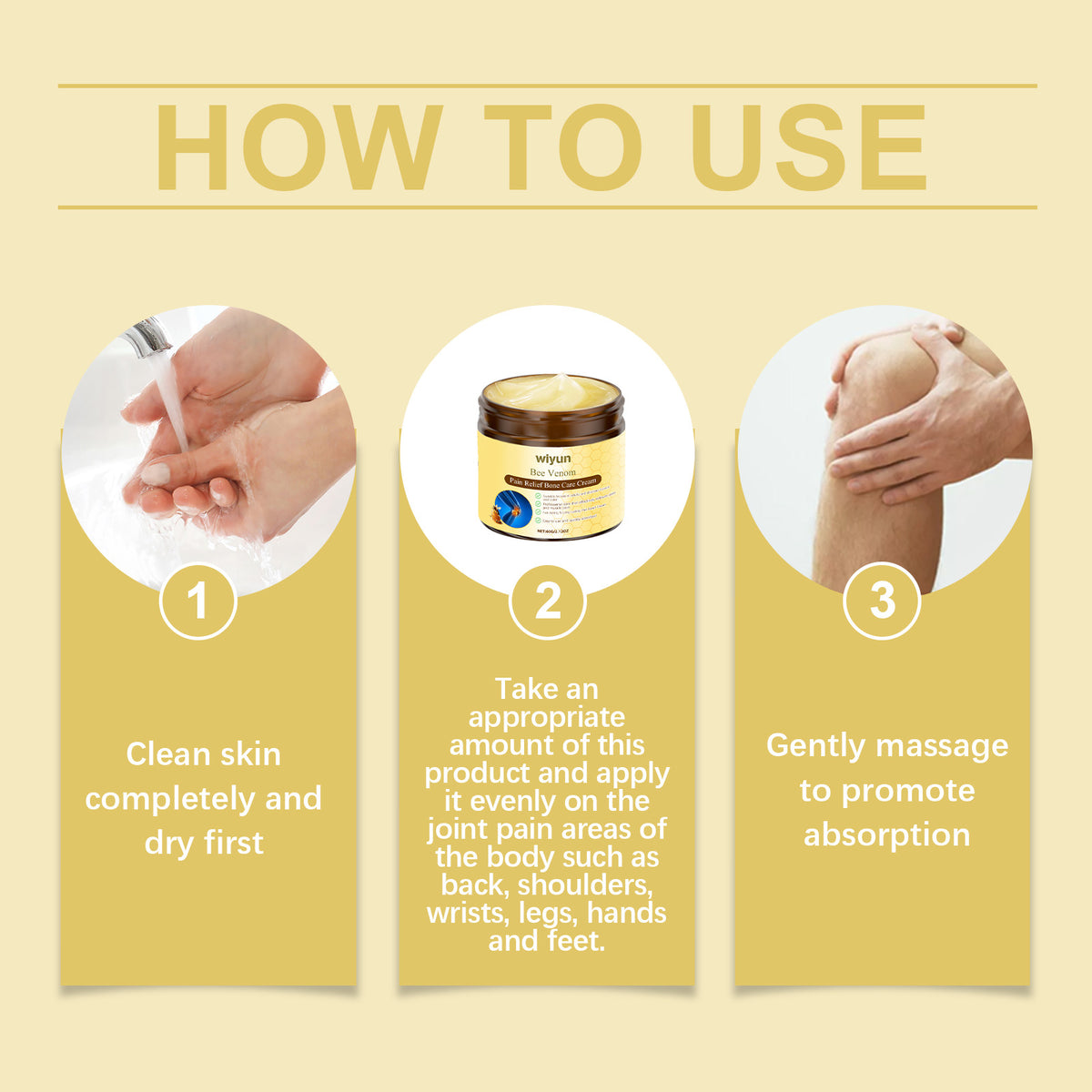 Eprolo Wiyun Bee Venom Joint Care Cream applied to wrist and knee for soothing, daily topical massage and joint relief.