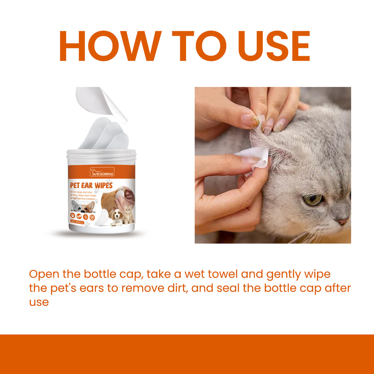 eprolo Yegbong pet ear wipes for cleaning, deodorizing, removing mites and earwax from dogs and cats' ears.