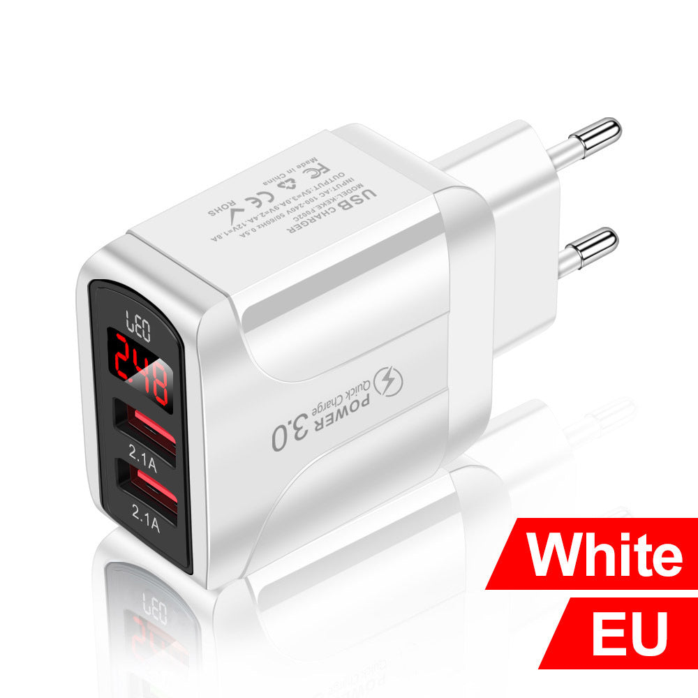 eprolo 2 USB smartphone charger with display and 2 ports, compatible with American, European, and British travel standards