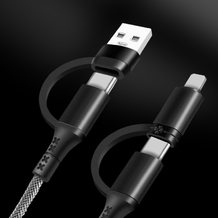 Eprolo four-in-one braided data cable with Type-C connector for fast charging Apple and Huawei phones, durable and versatile design.