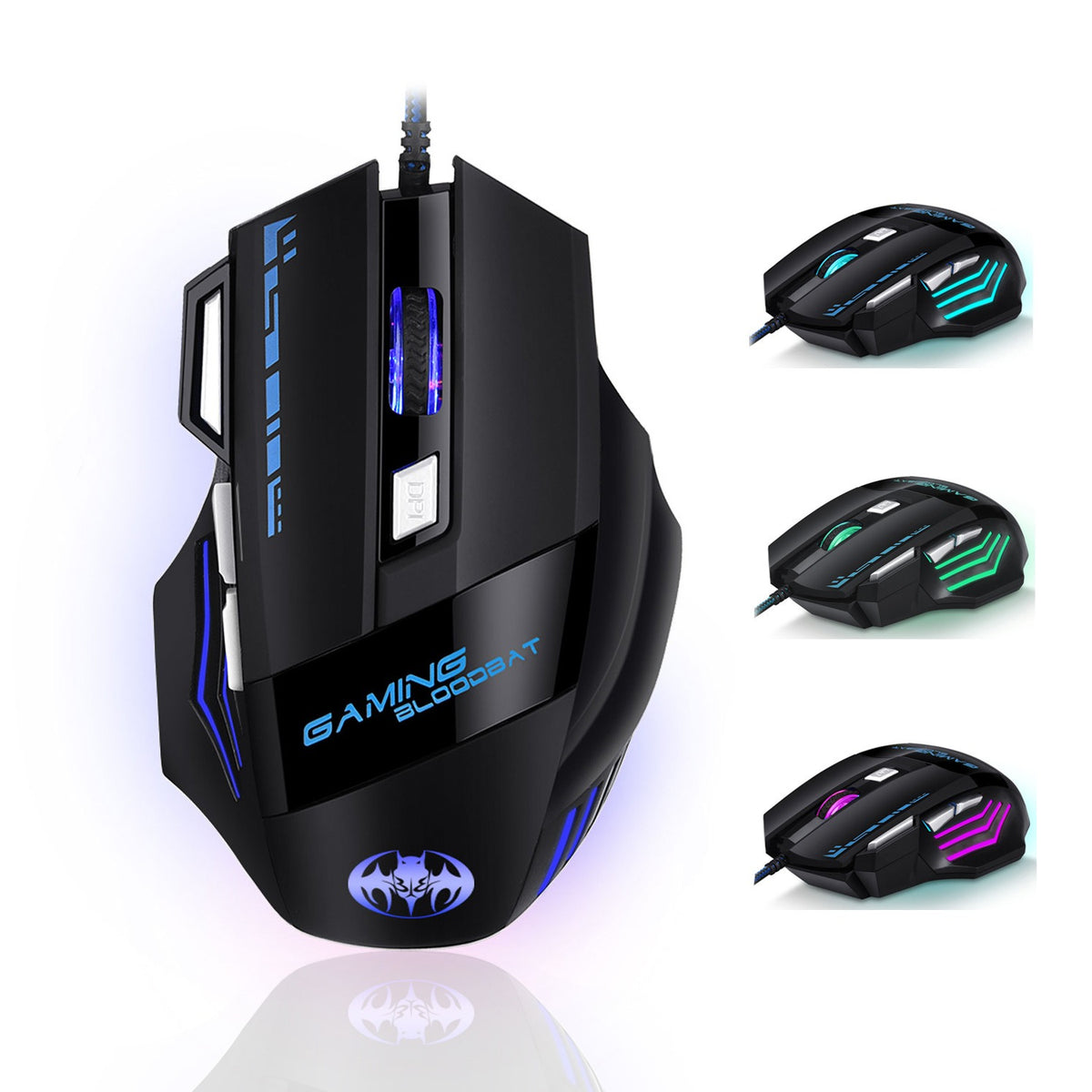 Eprolo USB wired optical gaming mouse with 8 buttons and illuminated breathing firepower button on a black surface