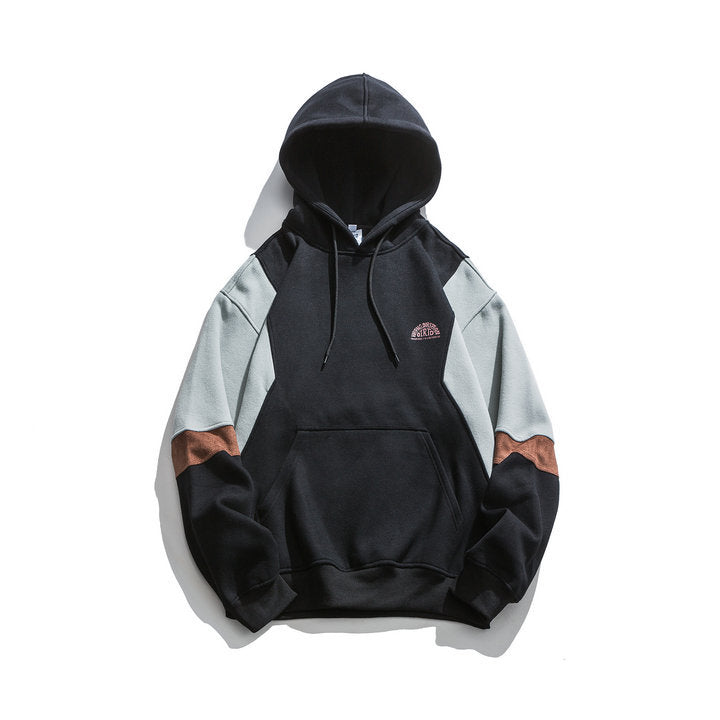 Color blocked men's hooded sweatshirt by eprolo featuring retro city style, casual and versatile fashion top.