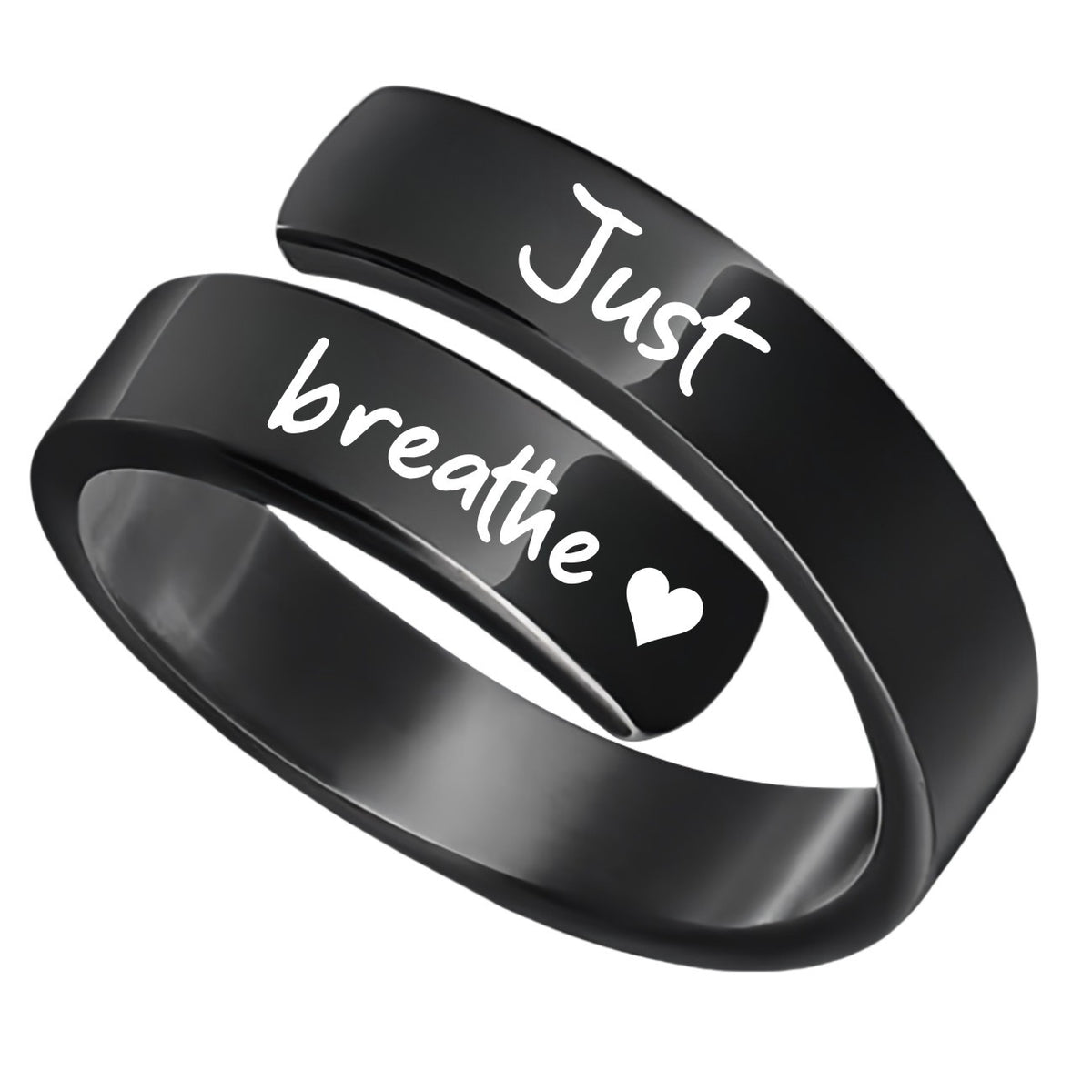 Open mouth jewelry for women and men featuring a Just Breathe letter ring with engraved lotus design in titanium steel.