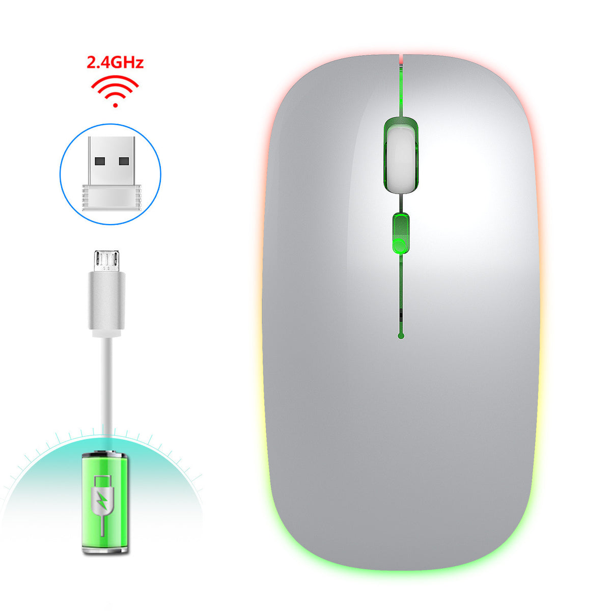 Colorful luminous wireless mouse by eprolo with silent buttons, designed for laptops and desktops, featuring vibrant LED lighting.