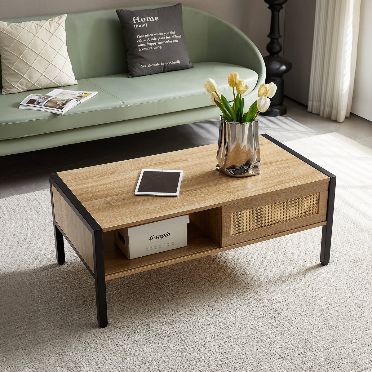 Modern 40.16-inch rattan coffee table by eprolo with sliding door storage and metal legs for living room decor.