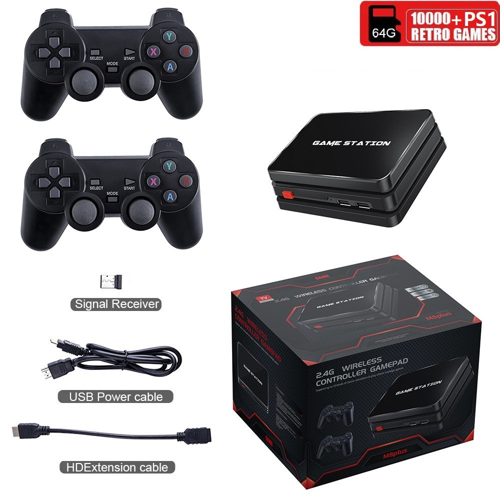 Eprolo TV game console M8 with double handles, HDMI output, 10000 emulators, and 2.4G wireless controllers on a TV screen.