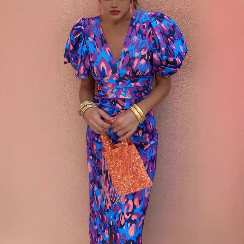 Eprolo printed casual V-neck fitted bodycon dress with slim waist and bubble sleeves, stylish and comfortable for everyday wear.