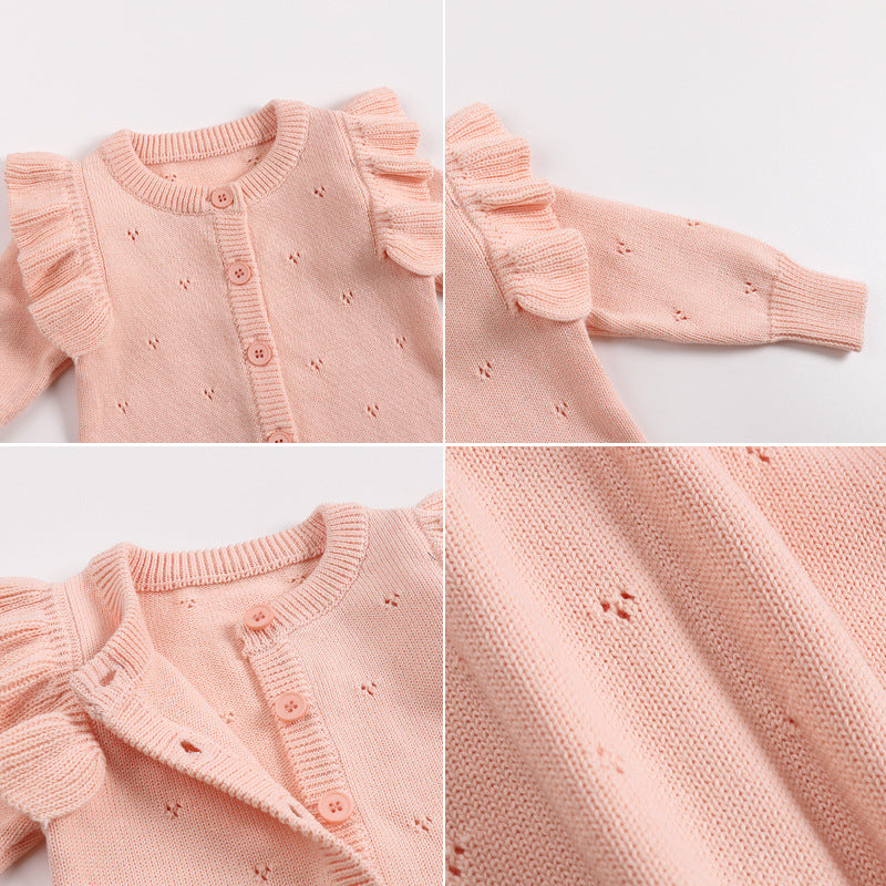 Baby girl in eprolo knit onesie infant romper, cozy fall outdoor bodysuit for newborns with long sleeves and soft knit fabric.