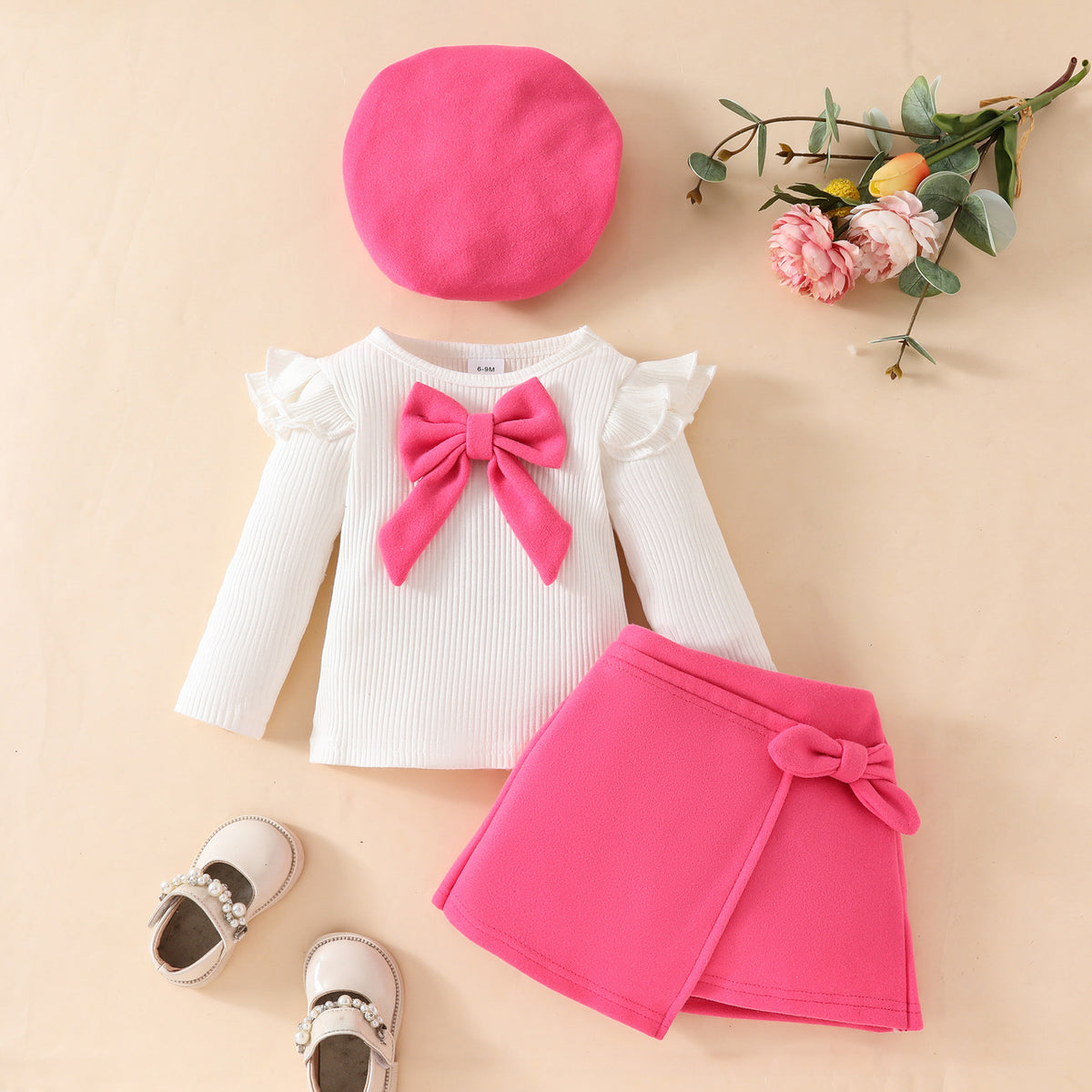 Fashion Step Girl 3-piece autumn winter set with big bow beret, long sleeve top, and velvet half skirt by eprolo