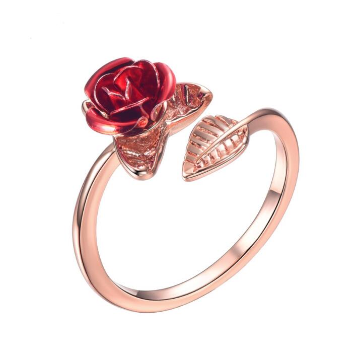 Eprolo U7 Red Rose Garden flower leaves resizable open finger ring for women, Valentine's Day jewelry gift, hot sale jewelry