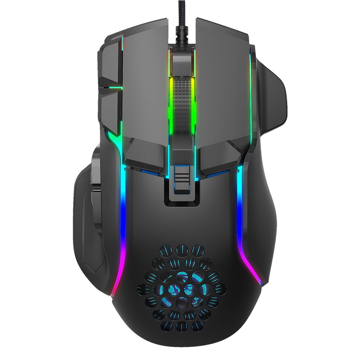 Eprolo gaming mouse with customizable RGB lighting, 12800 DPI, macro programming, and ergonomic mechanical design.