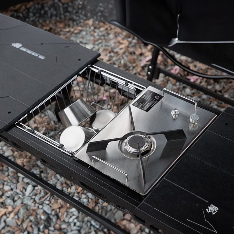 Eprolo stainless steel folding basket for draining and washing, ideal as a camping table accessory.