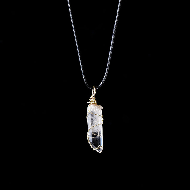White crystal winding necklace with raw hexagonal stone pendant, featuring a sleek, elegant design by eprolo.