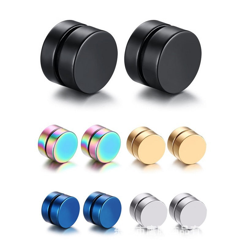 Men's magnetic disc earrings by eprolo, punk-style fake ear studs with sleek black finish and round disc design, on a plain background.