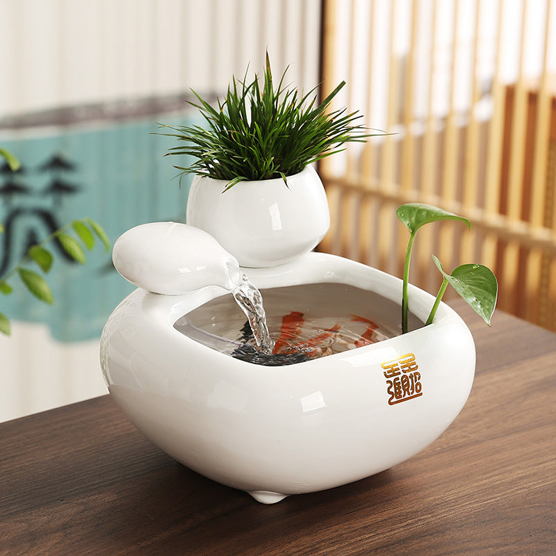Ceramic mini desktop water fountain ornament by eprolo, featuring flowing water design for living room decor.