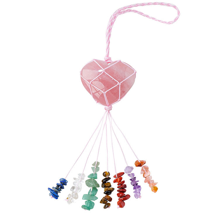 Pink crystal love pendant featuring a heart-shaped peach-colored stone and colorful crushed stone tassel by eprolo