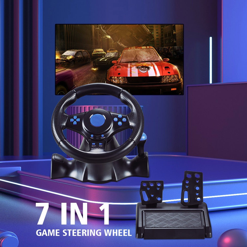 eprolo 7-in-1 racing wheel compatible with Switch, Xbox One, 360, PS4, PS2, PS3, and PC gaming consoles.