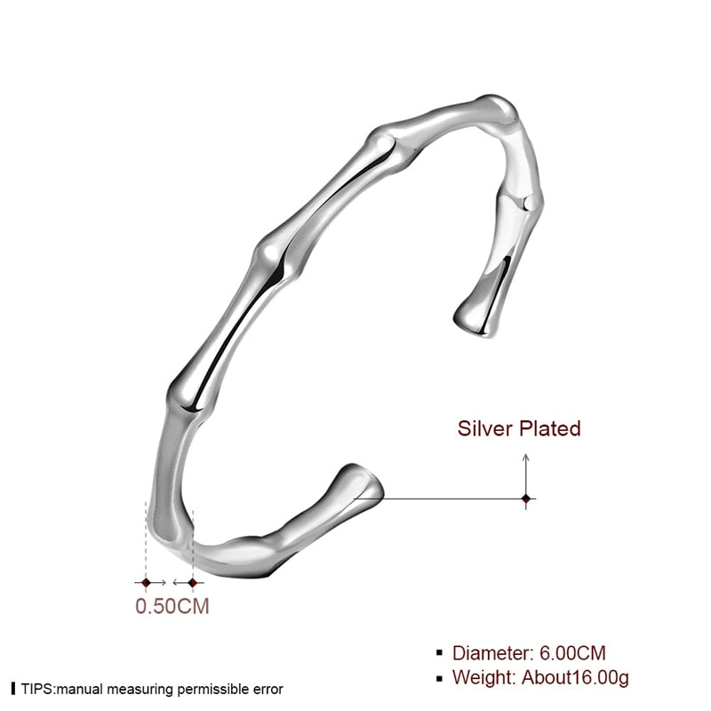 Elegant silver romantic cuff bracelet with bamboo joint design for women, featuring 925 silver craftsmanship and stylish bangle style.