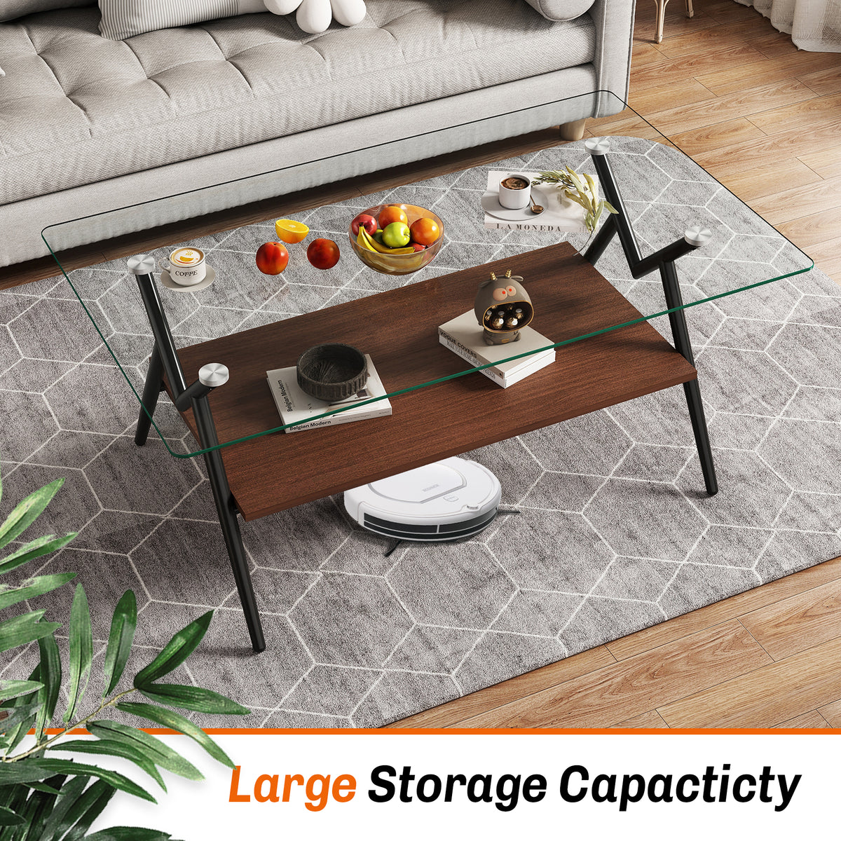 Modern rectangle coffee table with tempered glass top and black metal legs, ideal for living room decor by eprolo.