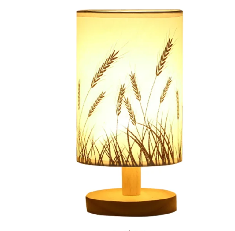 Eprolo linen table lamp with warm white LED light, USB powered wooden nightstand lamp, soft fabric shade, ideal for bedroom or living room.