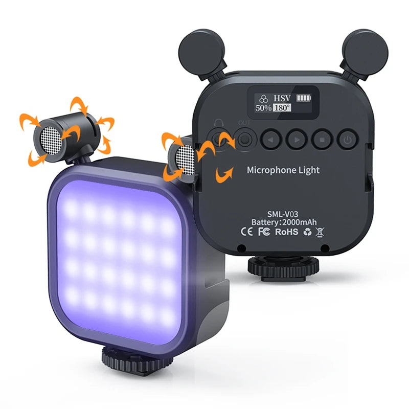 Eprolo RGB mini video vlog microphone LED fill light with adjustable color for smartphone and SLR camera recording.