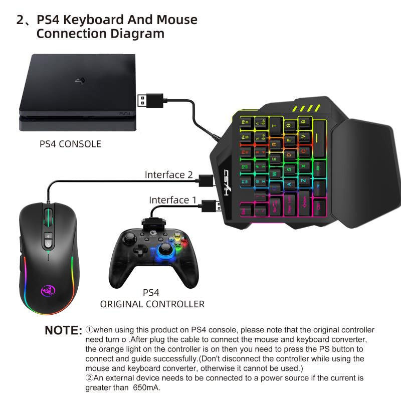 Eprolo V500 gaming one-handed keyboard with RGB lighting, built-in converter for PS3 and PS4 gaming consoles