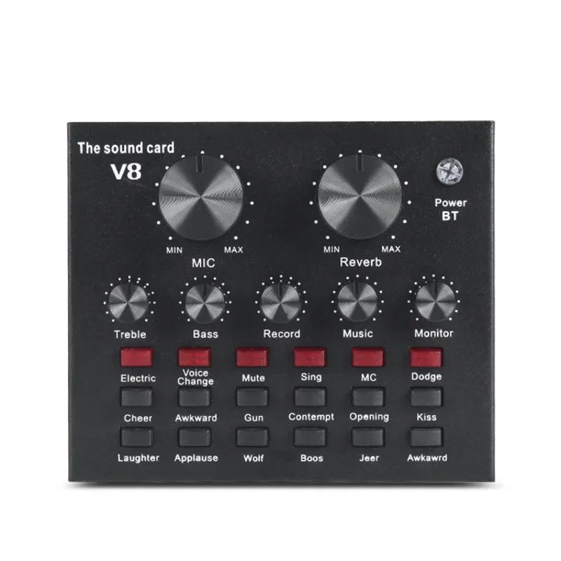 eprolo V8 Professional Sound Card for streaming, podcasting, and recording with voice changer and audio interface features.