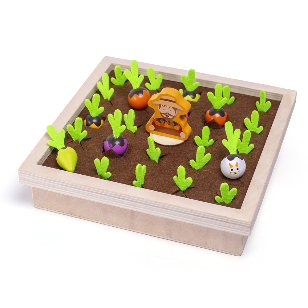 Wooden vegetable memory chess game by eprolo showing colorful farm-themed radish pieces for children's educational play.