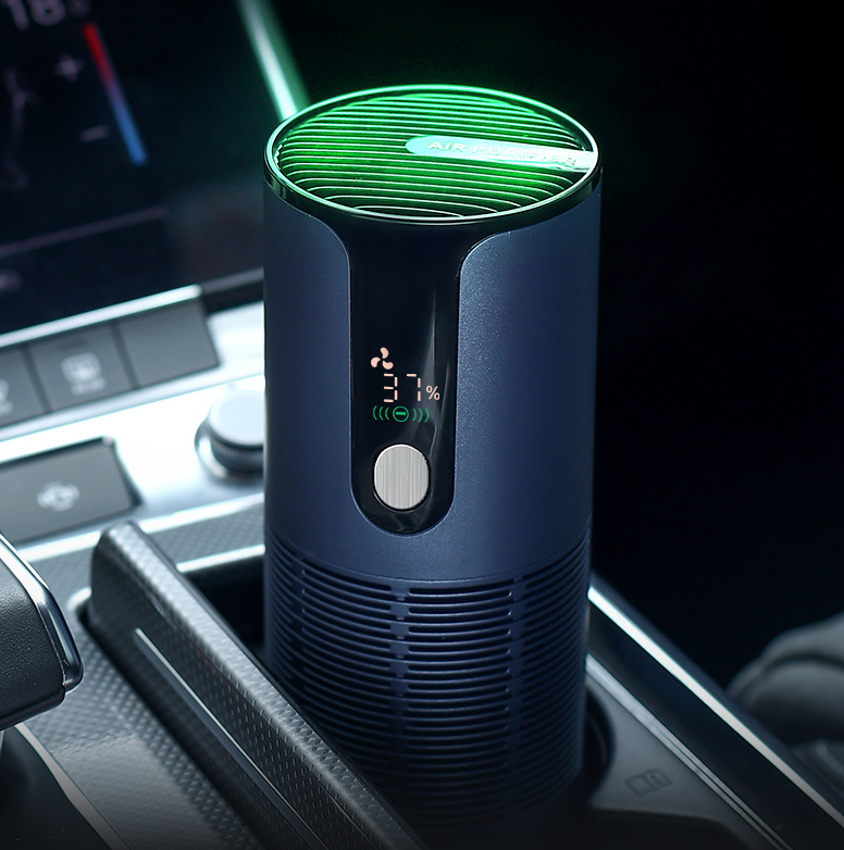 Eprolo intelligent car air purifier removing formaldehyde and smoke with UVC and negative ion technology inside a vehicle.