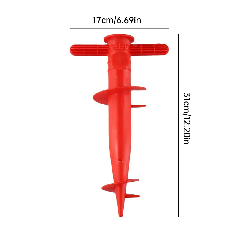 Plastic adjustable umbrella base with anchor bracket and spiral tool for sun, beach, terrace, and ground fixing.
