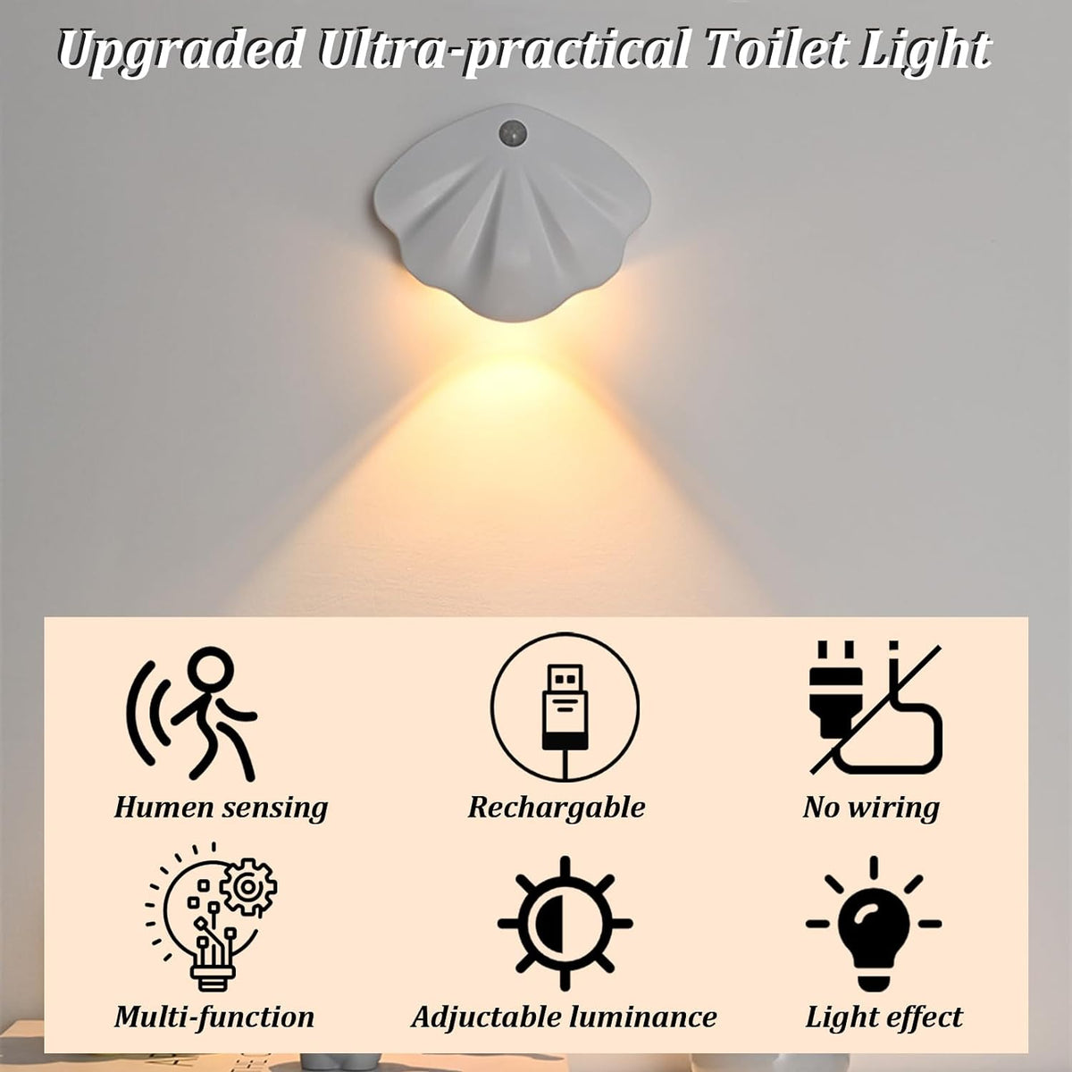 eprolo rechargeable toilet night light with motion sensor, illuminating toilet, stairs, hallway, and cabinets with soft glow at night.