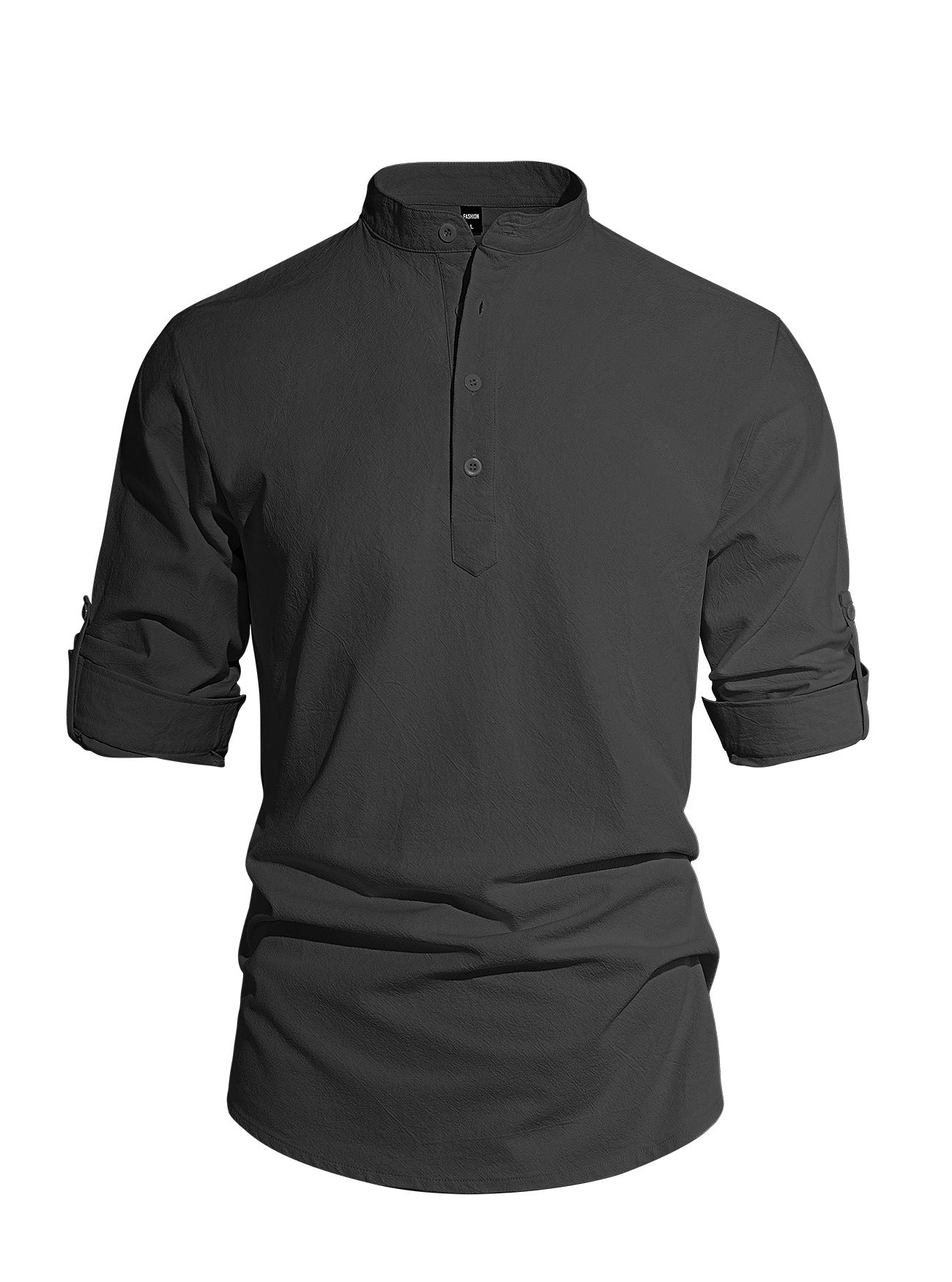 Men's cotton linen Henley shirt with long sleeves, solid color, lightweight, button-down collar, from eprolo.