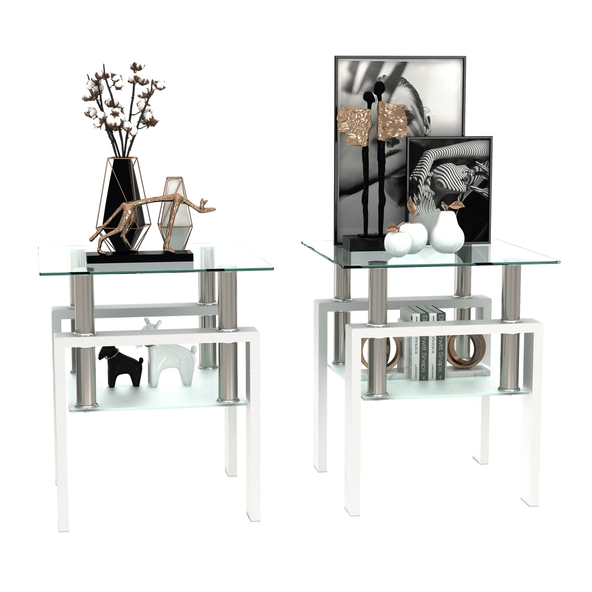 Set of 2 modern tempered glass square coffee and end tables with transparent and white finishes for living room decor.