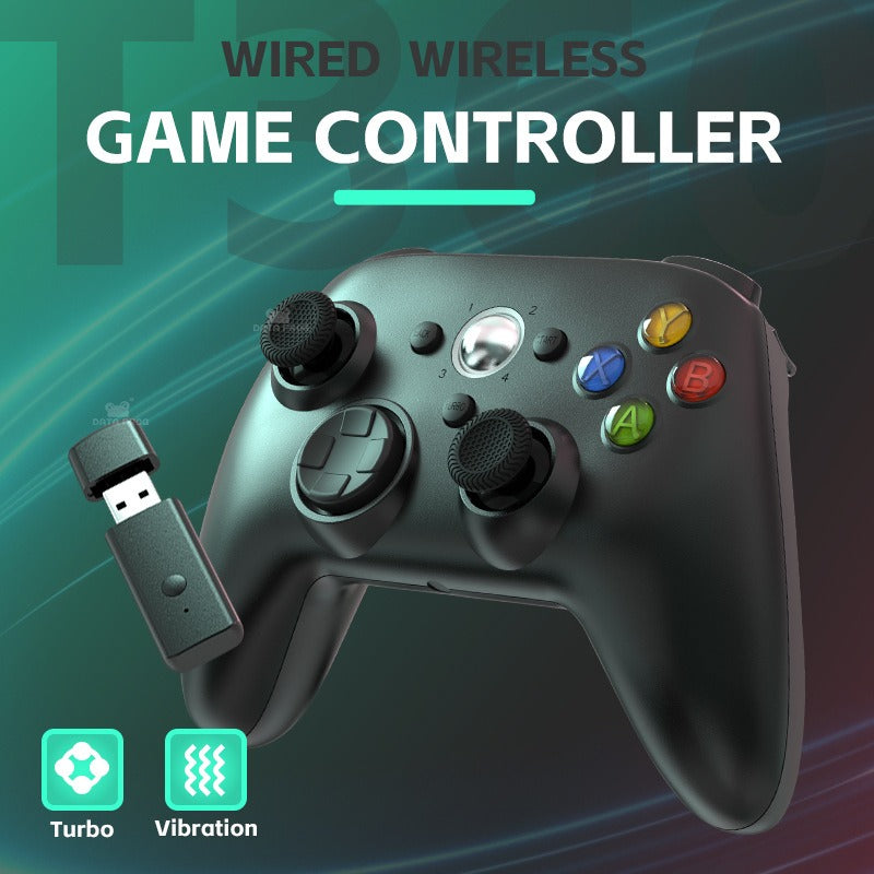 Eprolo Xbox 360 wireless controller with Turbo function and vibration, compatible with PC, featuring ergonomic design and standard buttons.