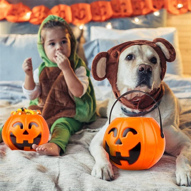 Three plastic Halloween pumpkin buckets by eprolo, 7-inch size, perfect for kids' trick-or-treating and Halloween decor.