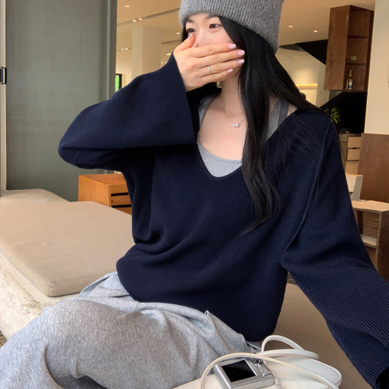 Chiffon Hooded Deep V-Neck Outerwear Long Sleeve Knit Sweater for Women - American Smart