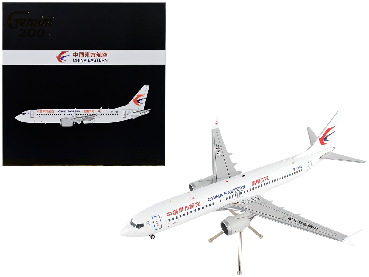 White GeminiJets Boeing 737 MAX 8 model airplane featuring China Eastern Airlines branding, detailed 1/200 diecast aircraft.